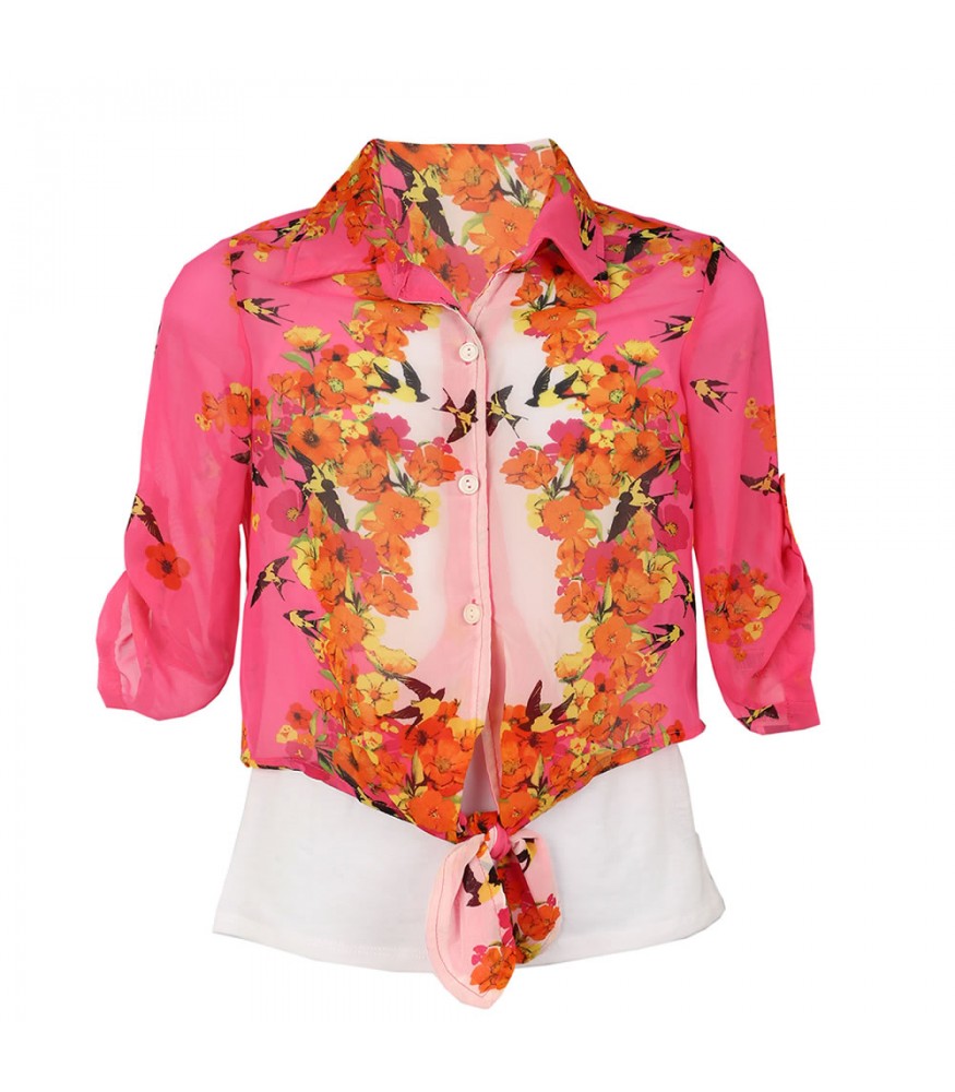 Amy Byer Pink/Floral Minor Chiffon Tie Shirt Wt Cami