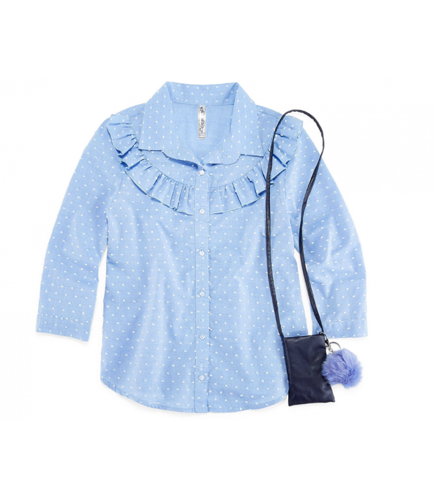 Beautees 3/4 Sleeve Blue Dotted Button Front Top Wt Phone Pouch And Keychain