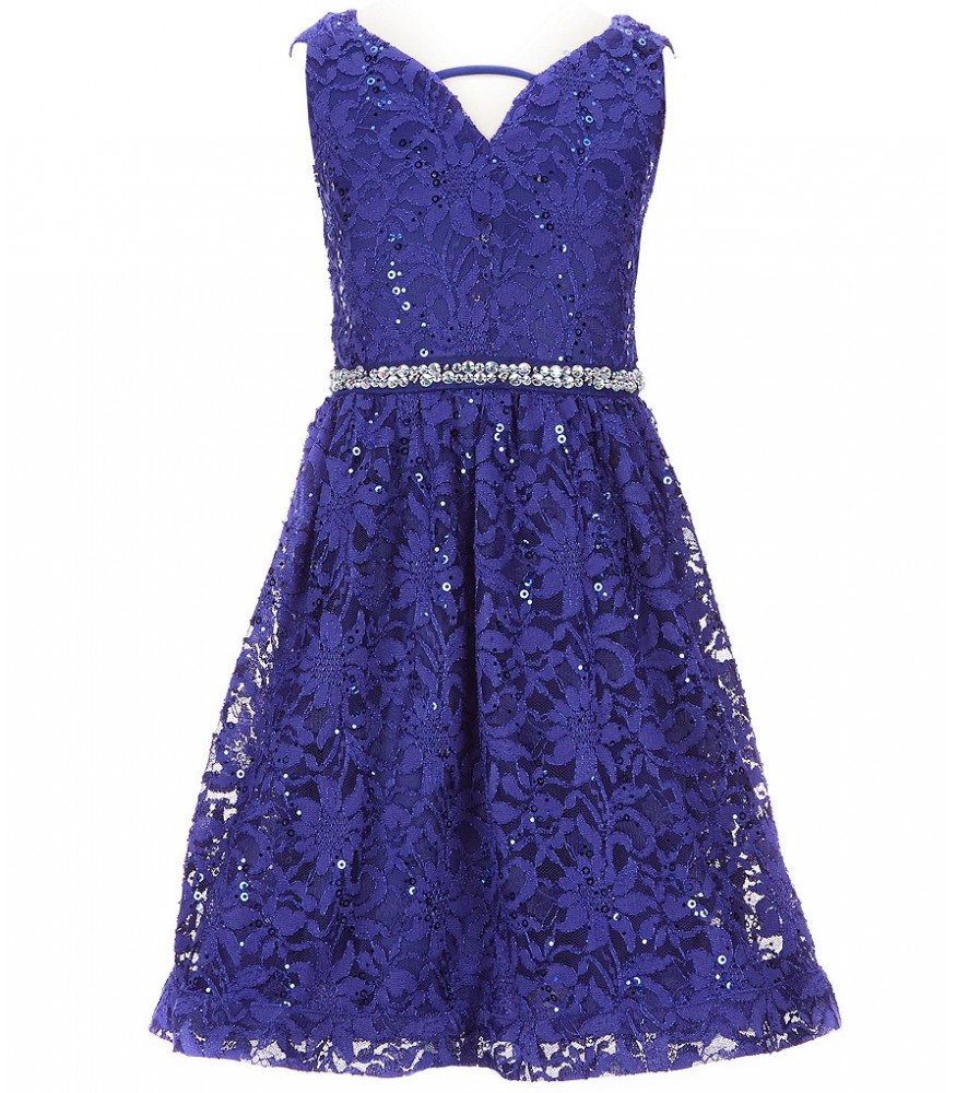 Bonnie Jean Cobalt Beaded Waist Sequin Embellished Lace Dress