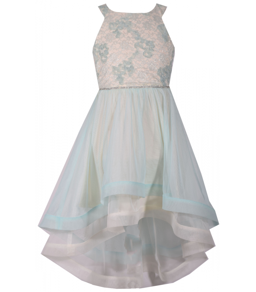 Bonnie Jean Green Floral Bodice With Stoned Waist High Low Dress