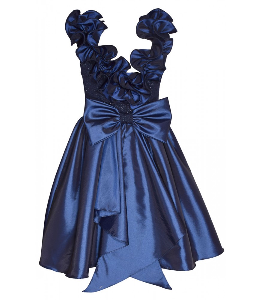 Bonnie Jean Navy Ruffle Dip Back Bow Taffeta Dress1