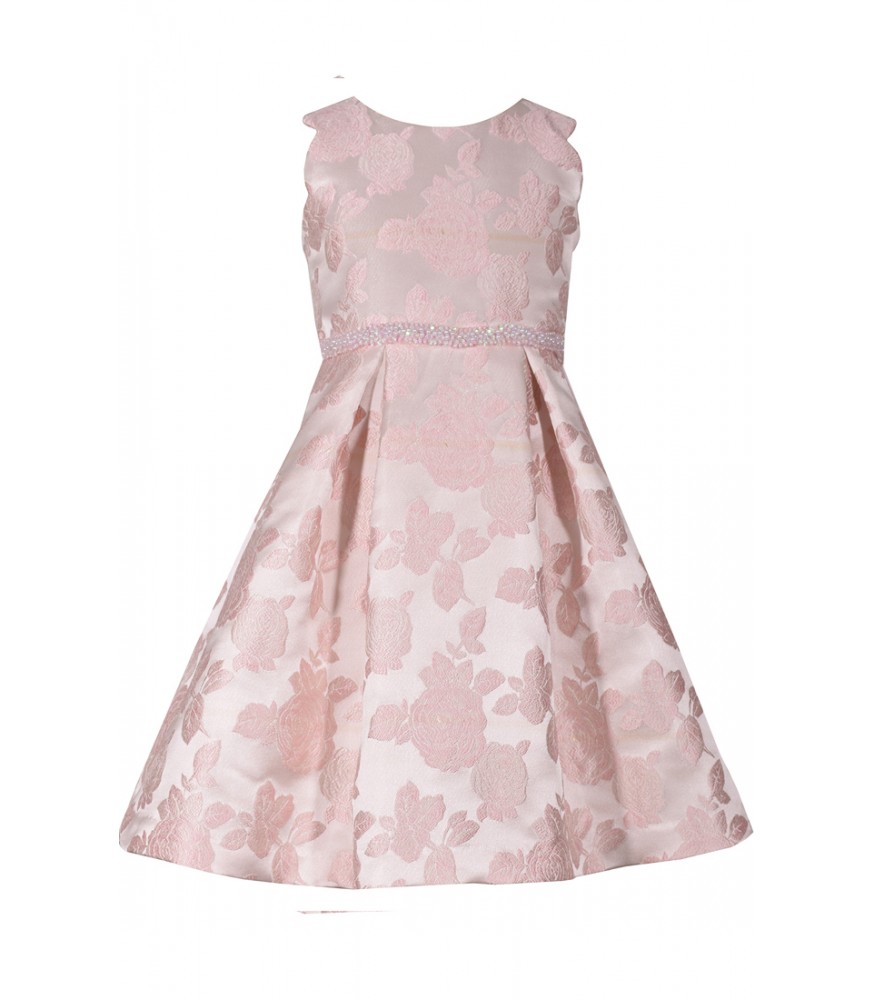 Bonnie Jean Pink Damask Scalloped Sleeveless Beaded Waist Dress