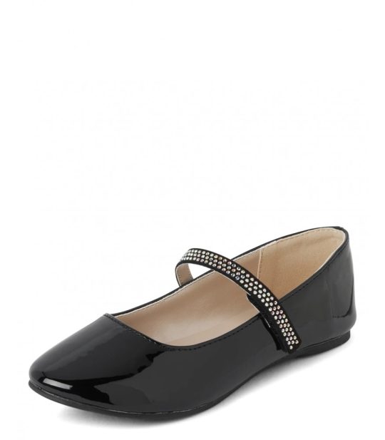 Childrens Place Black Glossy Faux Patent Jewelled Ballet Flats