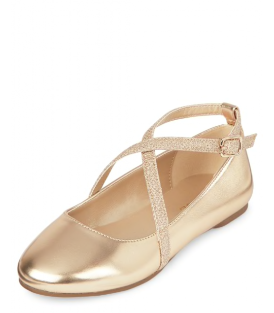 Childrens Place Gold Girls Glitter Cross Strap Ballet Flats