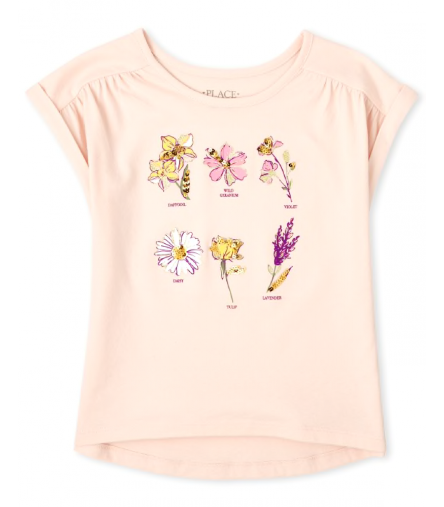 Childrens Place Peach Flowered Roll Sleeve Top