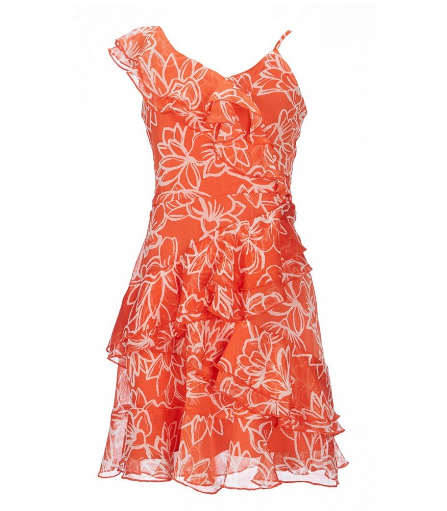 Gb Girls Coral Printed Floral Asymetric Ruffle Dress