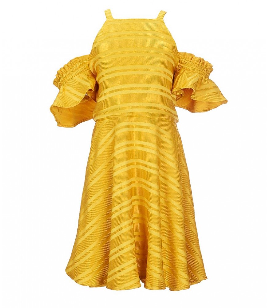 Gb Girls Gold Cold Shouldre Textured Stripe Dress
