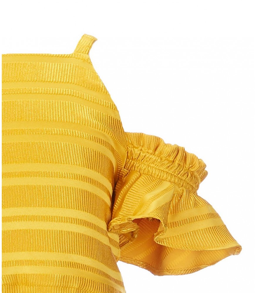 Gb Girls Gold Cold Shouldre Textured Stripe Dress2