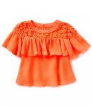Gb Girls Orange_Coral Floral Neck Ruffle Sleeve Top