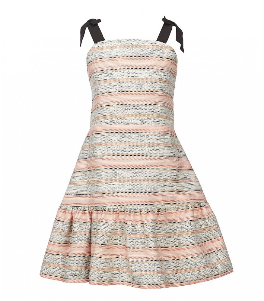 Gb Girls Pink/Grey Tie Shoulder Striped Woven Drop Waist Dress