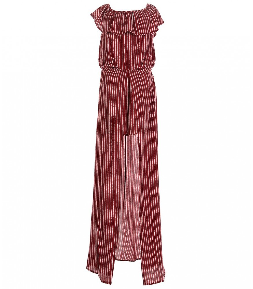 Gb Girls Wine Stripped Ruffled Neck Maxi Romper - Small - 8Y