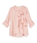 Monteau Girls Blush Pink Blouse Wt Bow Front N Crochet Neck Line