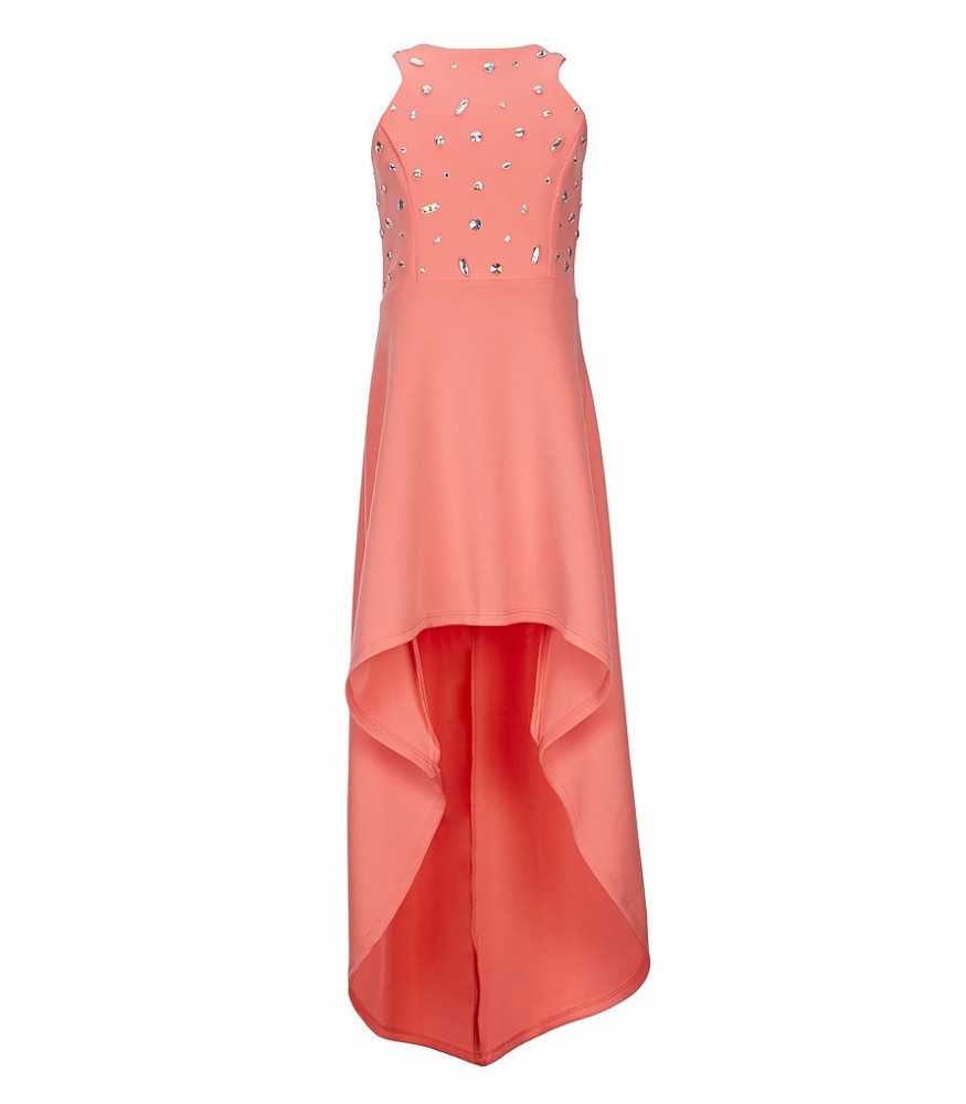 Poppie & Roses Coral Jewelled Bodice High Low Dress