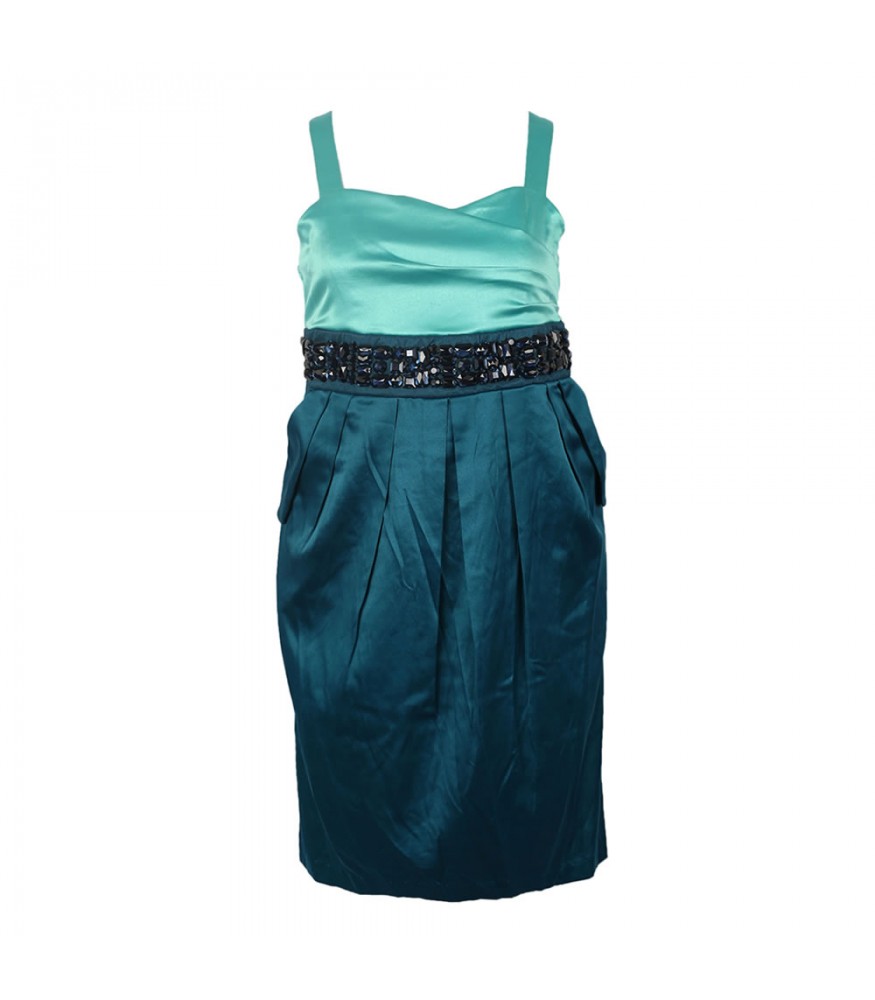 Ruby Rox Teal Color Block Spagh Dress Wt Beads @ Waist