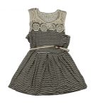 Sophia+Zeke Grey_Black_Ivory Crocheted Neck Striped Dress