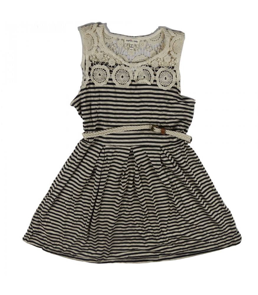Sophia+Zeke Grey/Black/Ivory Crocheted Neck Striped Dress