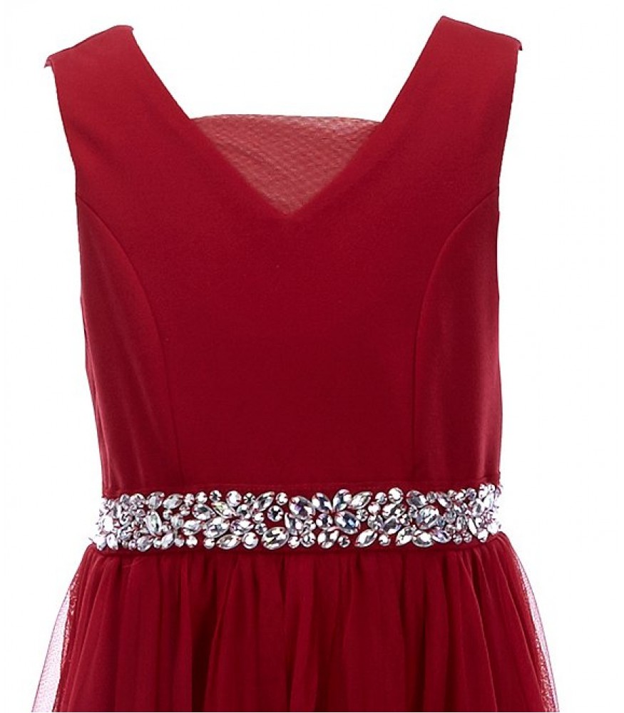 Xtraordinary Red Illusion Beaded Waist A-Line Dress2