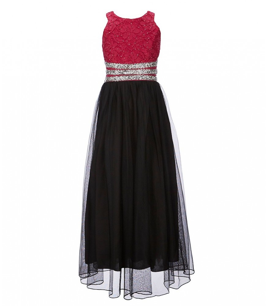 Xtraordinary Wine/Beaded Lace Black Tulle Overlay Maxi Dress