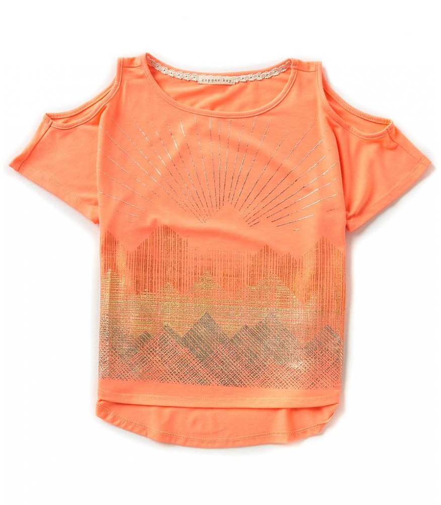 Copper key coral cold shoulder top wt gold print