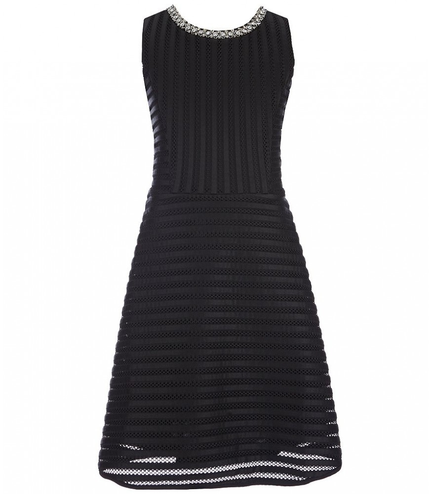 monteau girl black textured-stripe fit & flare dress wt jeweled neckline