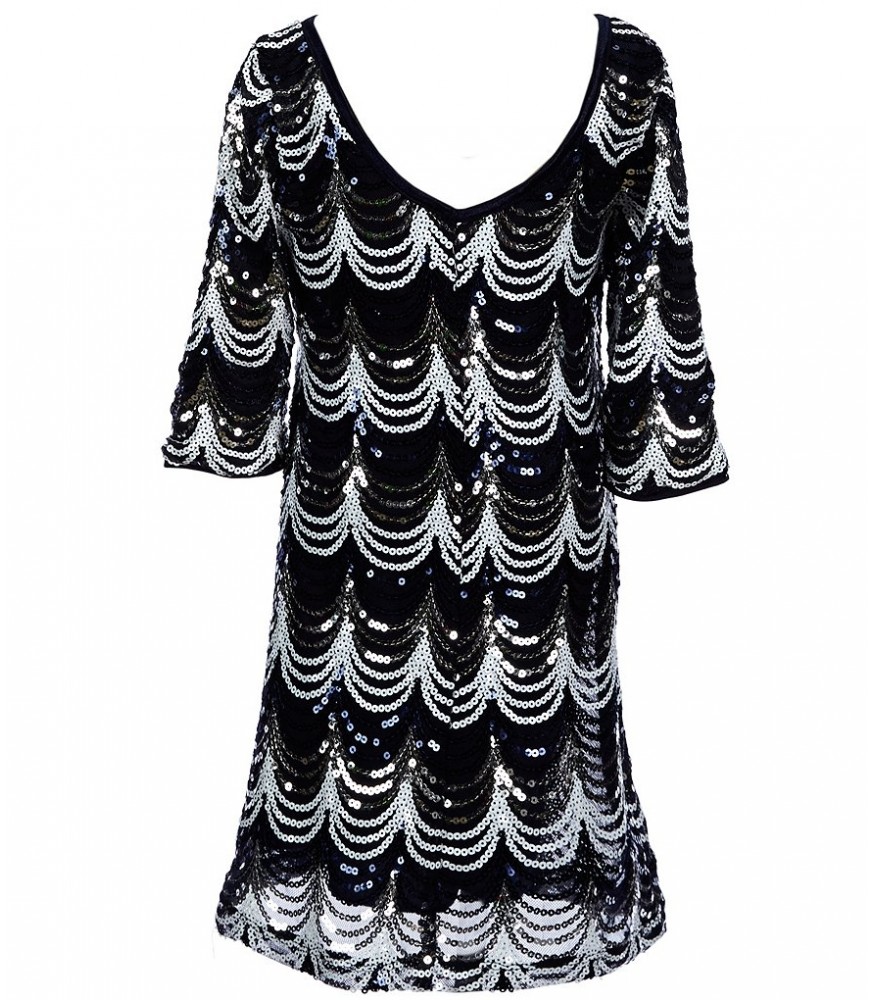 Poppies and rose navy/silver scalloped sequin dress