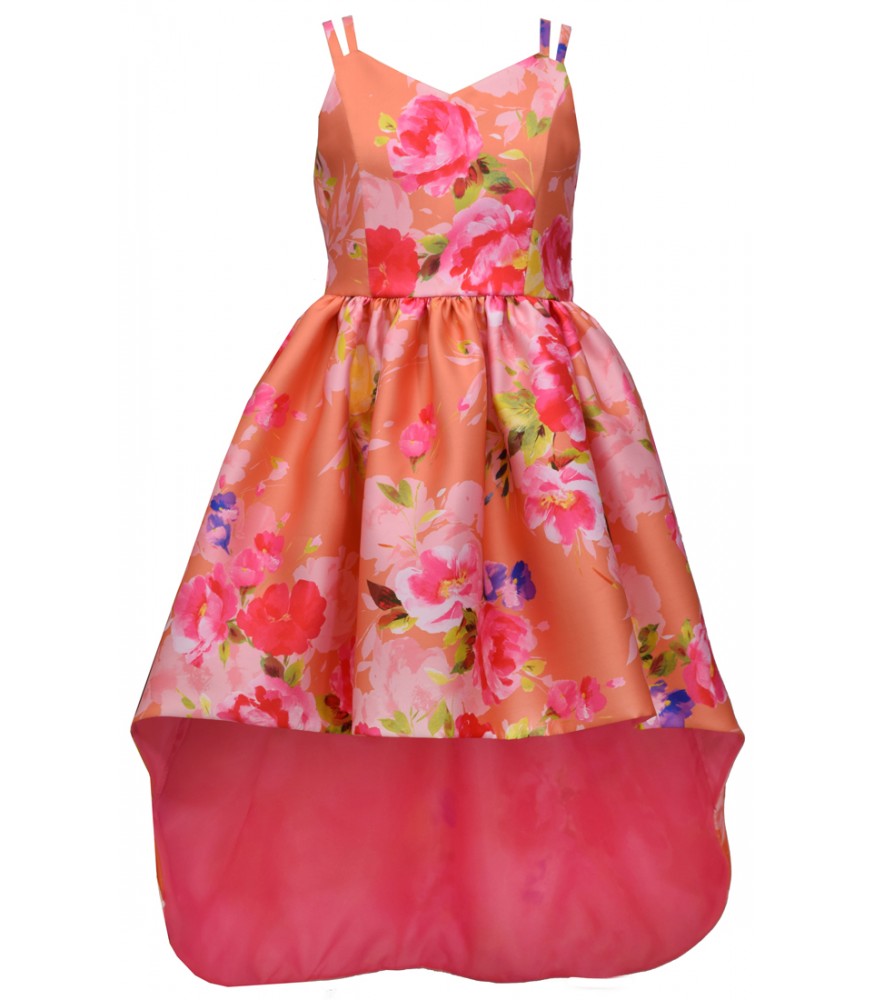 Bonnie Jean Iris & Ivy Orange Multi Floral Mikado Hi-Low Dress