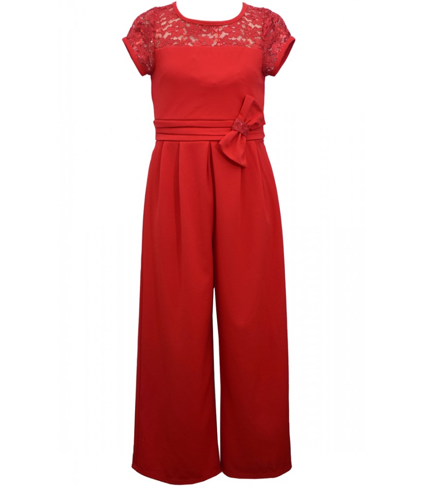 Bonnie Jean Red Side Bow Jumpsuit With Sequin Lace Bodice
