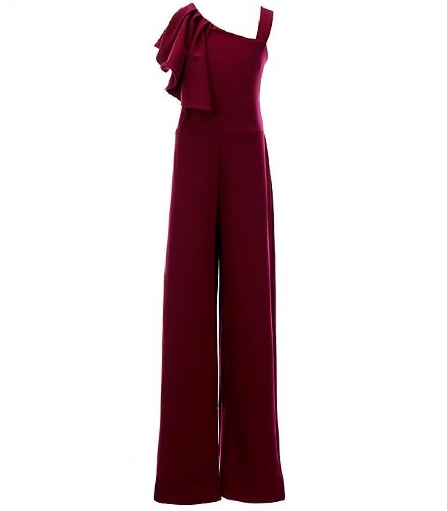 Rare Editions Burgundy Ruffle Shoulder Scuba Crepe Jumpsuit