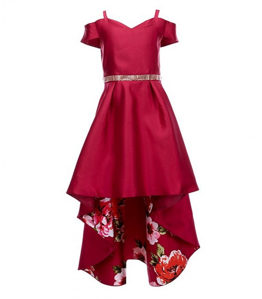 Rare Editions Wine Studded Waist Floral High Low Dress